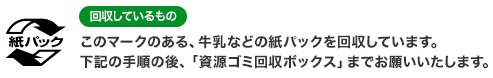 このマークのある、牛乳などの紙パックを回収しています。